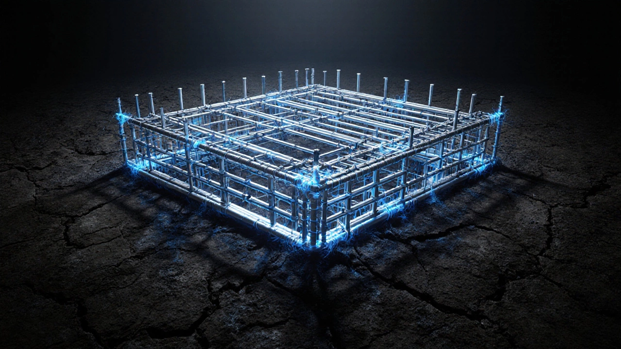 Абстрактное изображение каркаса фундамента из арматуры, излучающего свет, символизирующее прочность и устойчивость дома.