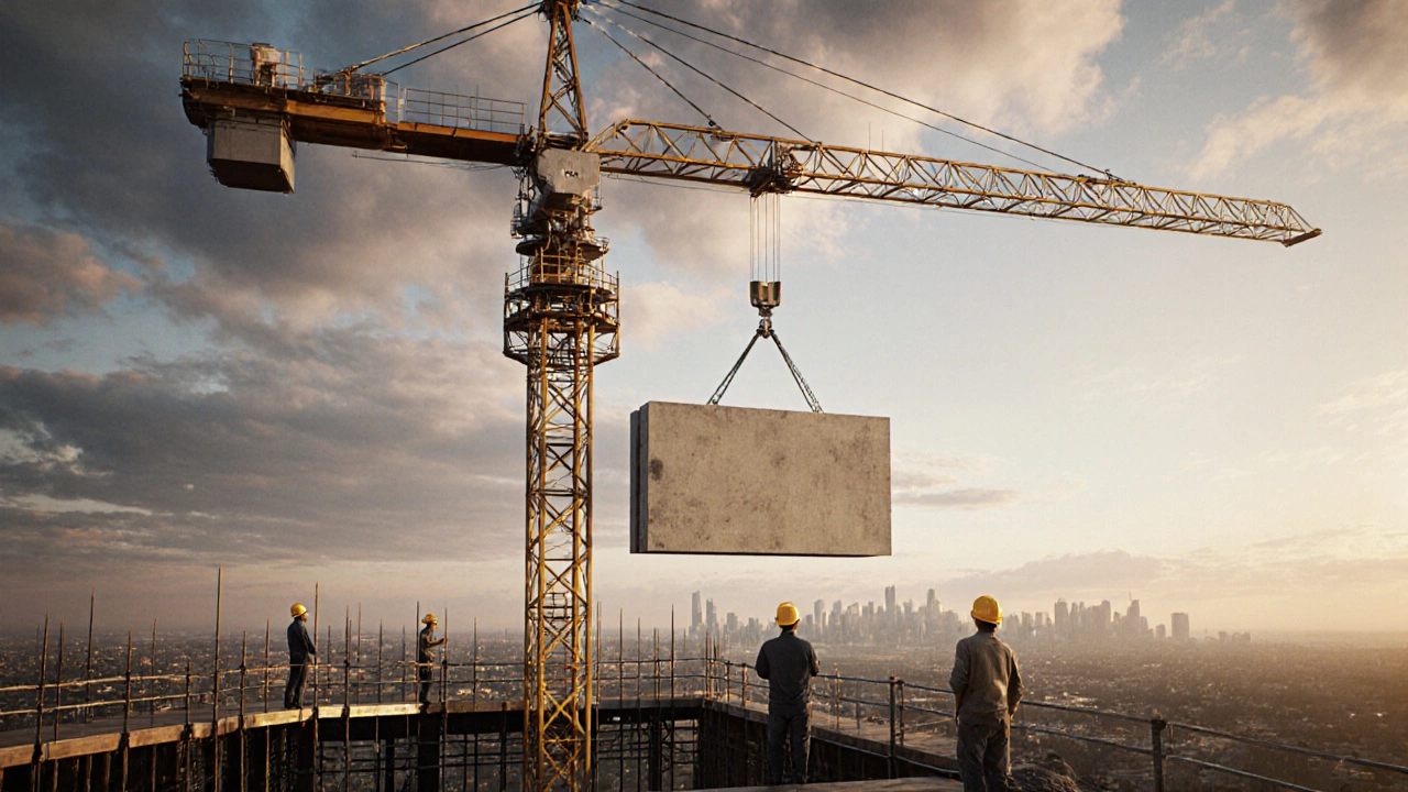 Башенный кран поднимает железобетонную панель на высотное здание.