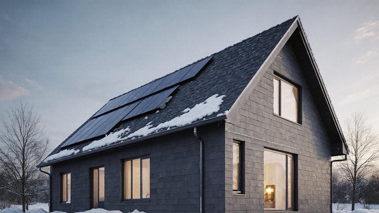 Дом с крутой скатной кровлей, снежным покрытием, солнечными панелями и вентиляцией.