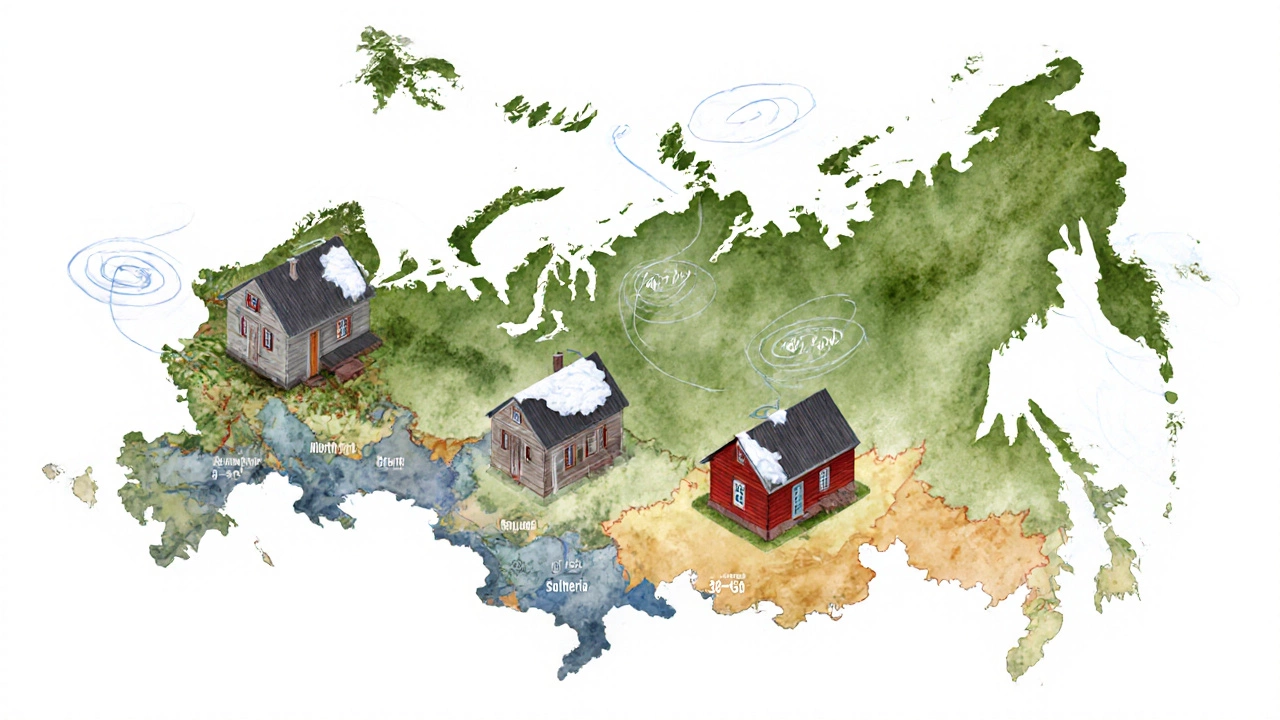 Карта России с домами разных регионов, каждая крыша имеет свой угол.