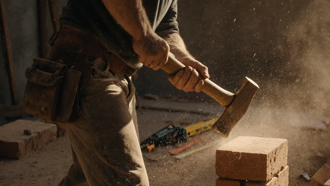 Мастер бьёт кирпич молотком, пыль летит в воздухе, остальные инструменты лежат без дела.