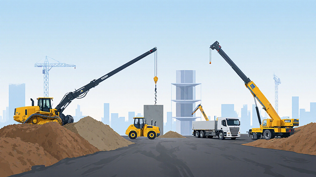 Панорама пяти строительных машин на площадке на рассвете.