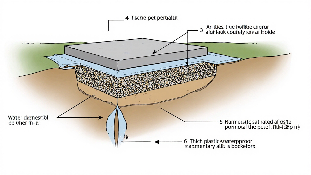 Поперечный разрез правильного фундамента с песчано-щебеночной подушкой и гидроизоляцией.