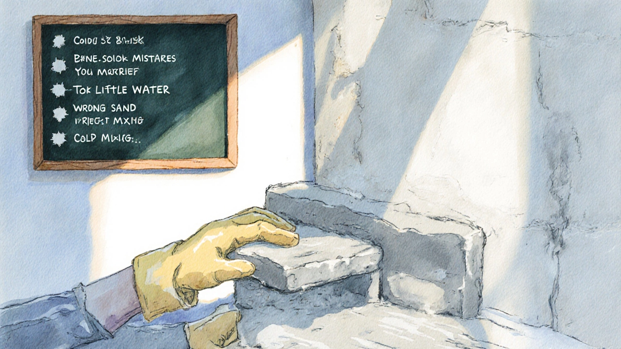 Руки формируют «косточку» из раствора, рядом доска с советами по ошибкам при штукатурке.