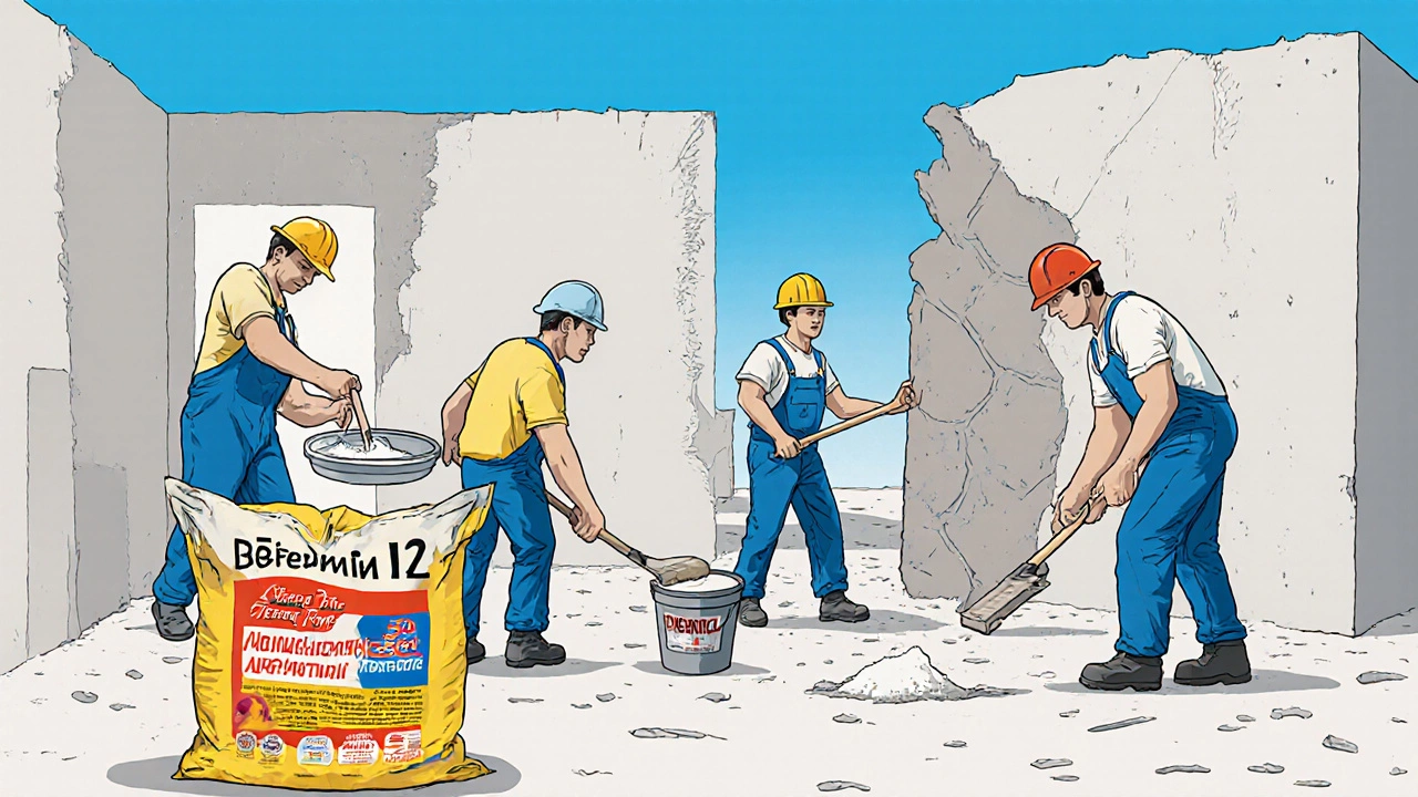 Сцена на стройплощадке с пятью работниками, каждый использует различный бренд цемента для штукатурки.