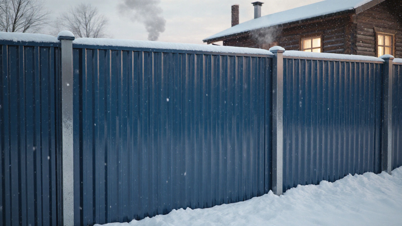Современный забор из профлиста с полимерным покрытием стоит на участке в Казани.
