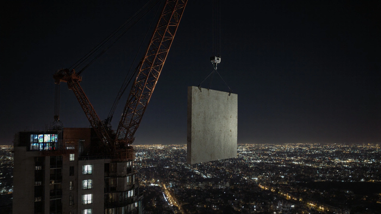 Башенный кран поднимает бетонную панель на высоту жилого дома.