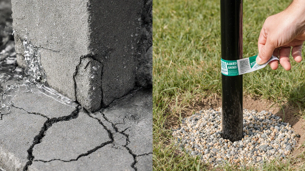 Бетонный столб с влагой, поднимающейся из земли, и правильной изоляцией.