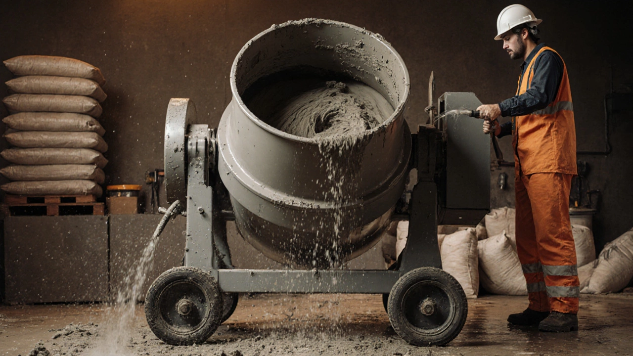 Бетономешалка с вращающимся барабаном, в котором перемешивается бетон, рабочий подходит с шлангом.