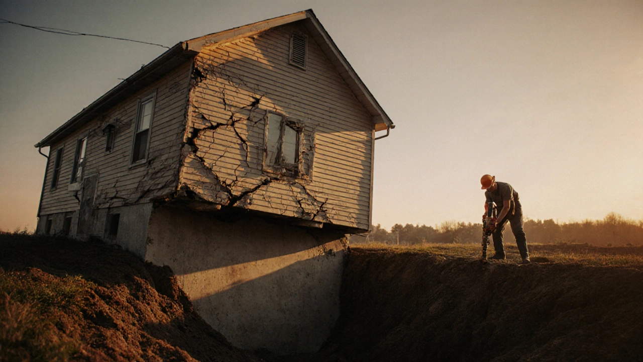 Дом с трещинами из-за мелкого фундамента, рядом геолог бурит скважину.