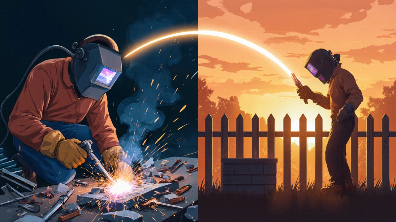 Два этапа обучения сварке: грязный первый шов и чистый результат через месяц.