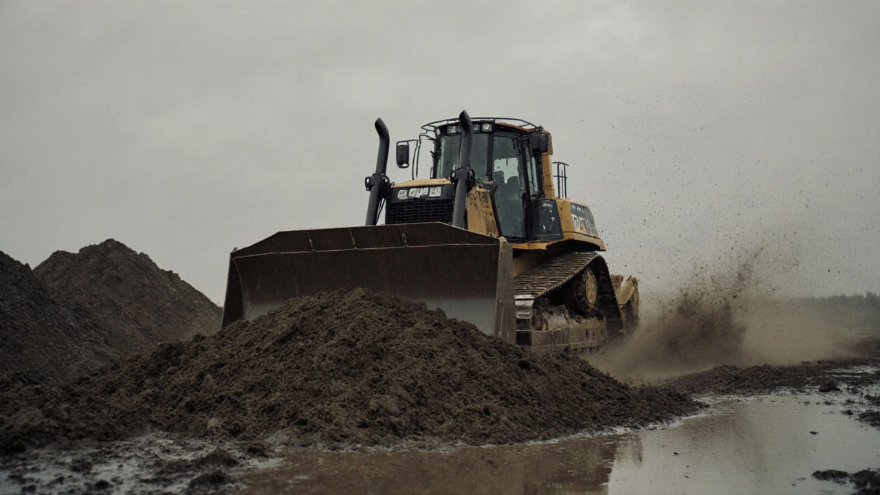 Гусеничный бульдозер перемещает грязь на стройке в Татарстане.