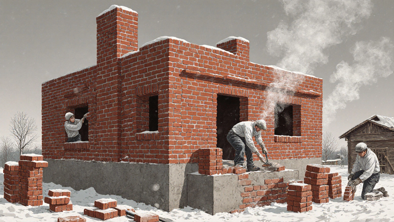 Кирпичный дом в процессе кладки с рабочими и массивным фундаментом на фоне зимнего неба.