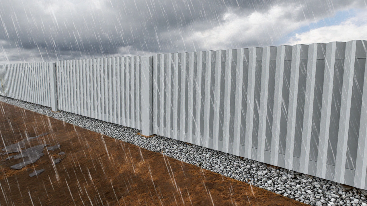 Металлический забор с зазором 10 см и гравийной подушкой для дренажа.