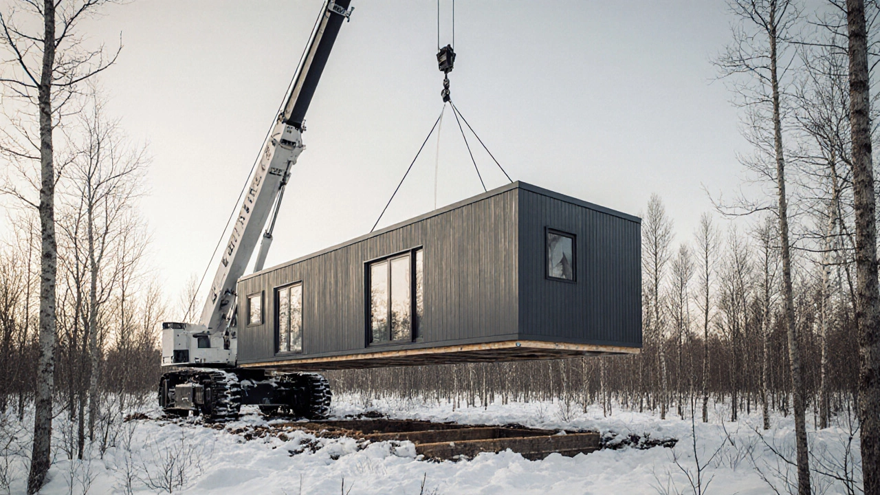 Модульный дом, поднимаемый краном на фундамент в лесу, с видимыми изоляционными слоями и большими окнами.