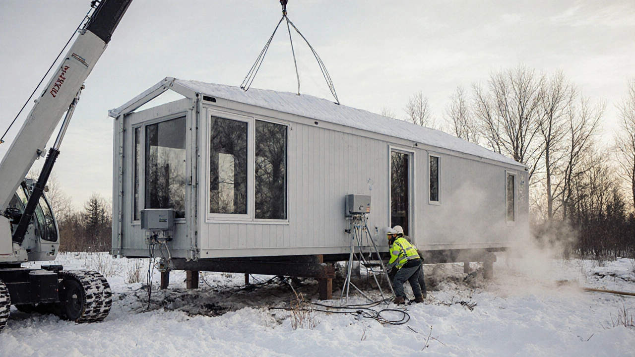 Модульный дом собирают на участке в зимнем Казани, кран устанавливает готовые секции.