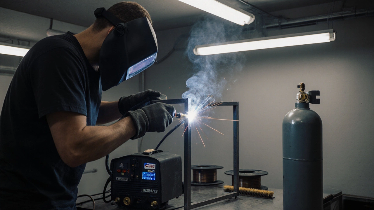 Новичок использует полуавтоматическую сварку, создавая чистый шов в гараже с баллоном газа.