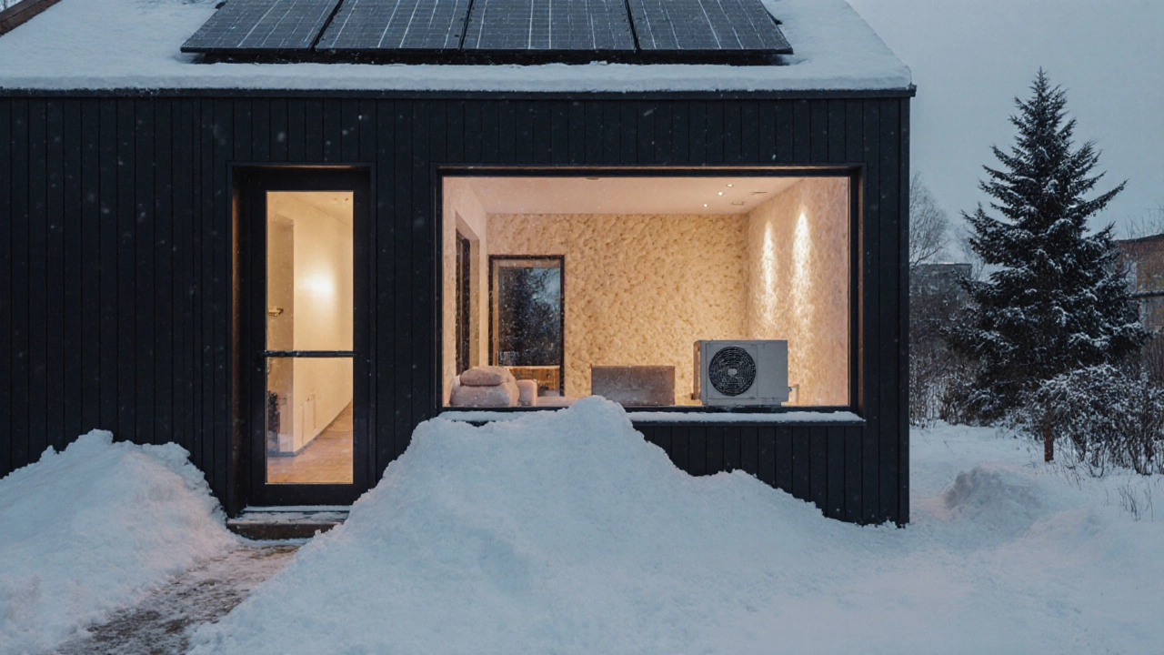Пассивный дом в зимнем Казани с толстой изоляцией и солнечными панелями, снег снаружи, тепло внутри.