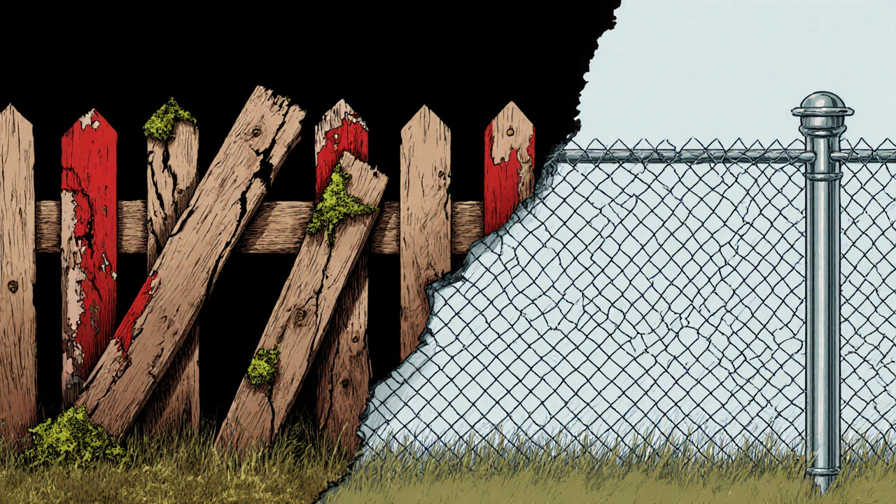 Разрушающийся деревянный забор рядом с долговечным металлическим, символизирующий разницу в долговечности.