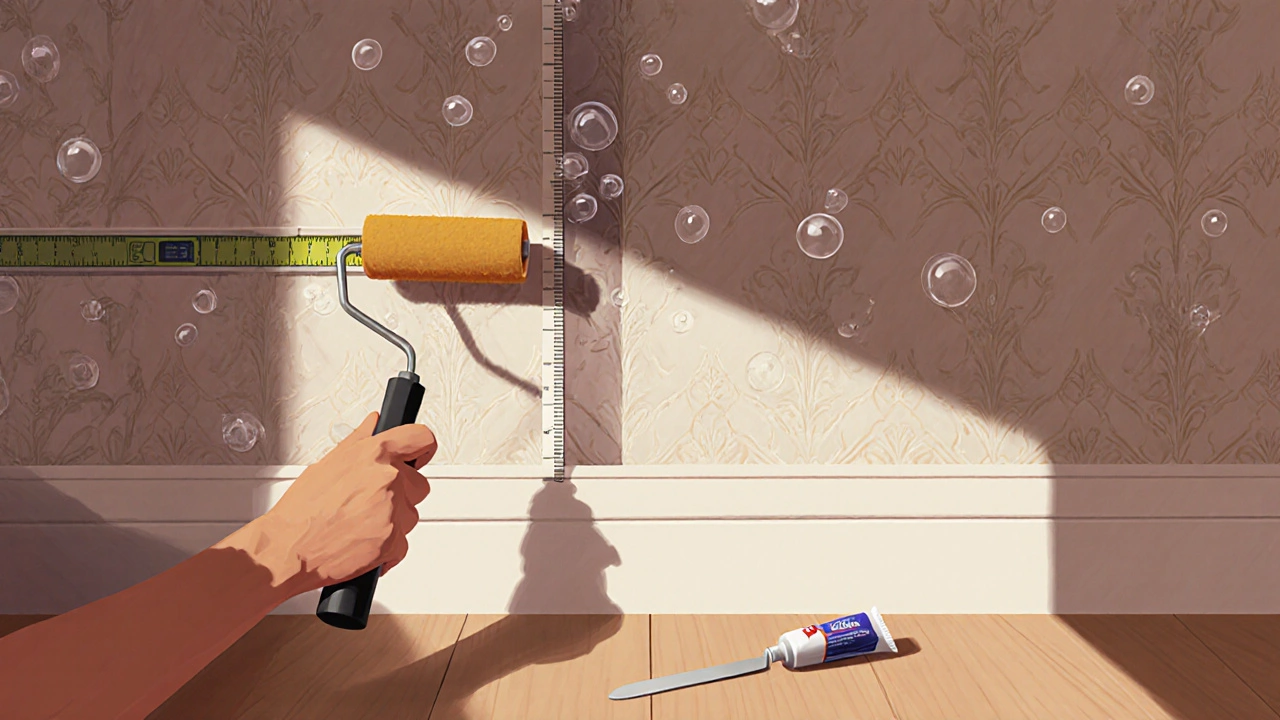 Рука прижимает валик к обоям, выгоняя воздух, рядом — уровень и нож для аккуратной подрезки.