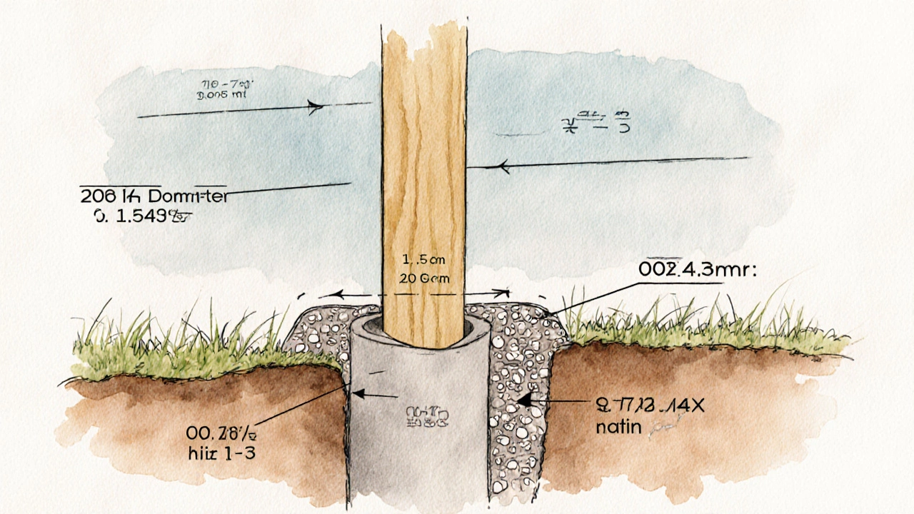 Схема поперечного сечения ямы под столб с обозначенными слоями: щебень, бетон, деревянный столб, с расчётами объёма.