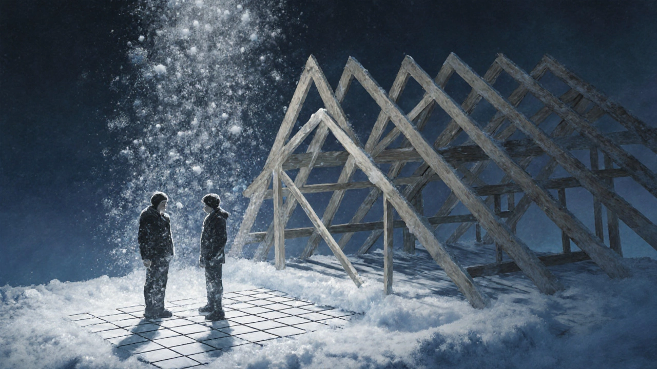 Снеговая нагрузка давит на стропила: хрупкие балки гнутся под весом, прочные — выдерживают.