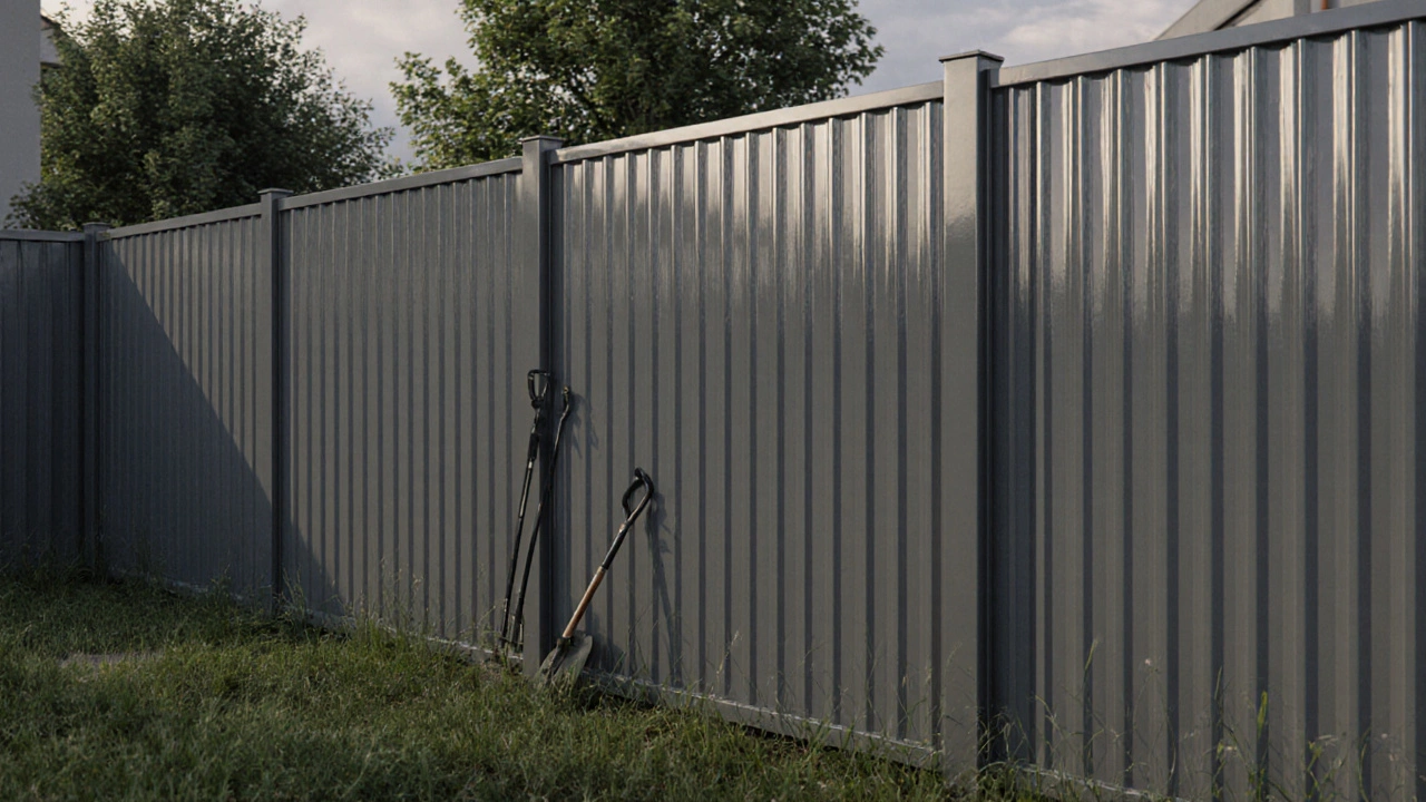 Современный забор из профнастила на участке в Казани с ровными линиями и металлическими столбами.