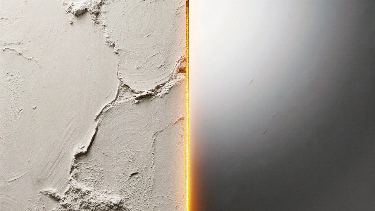 Сравнение двух стен: одна с неровностями, другая — идеально гладкая, разделённые золотой линией качества.