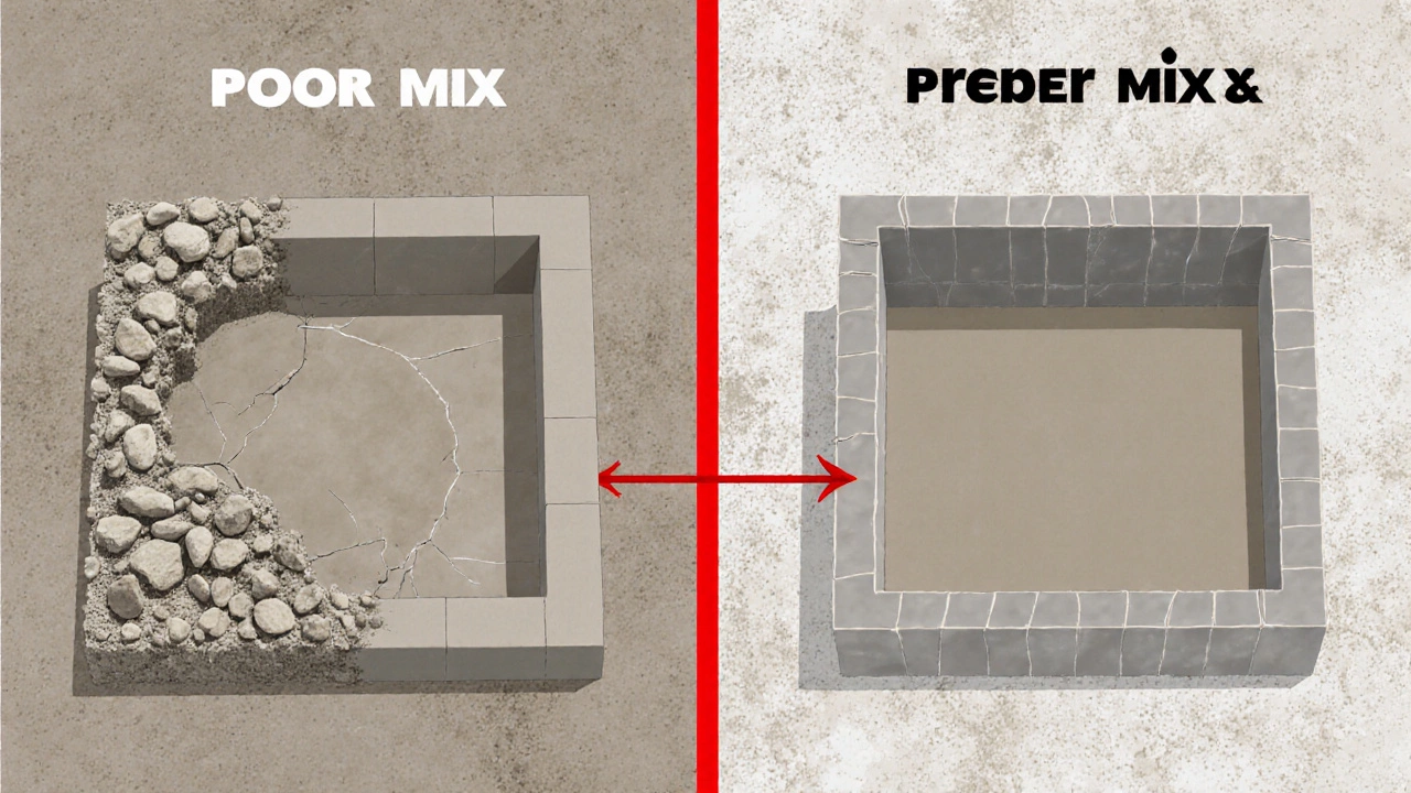 Сравнение: слева — треснувший, неоднородный бетон, справа — гладкий, качественный бетон.