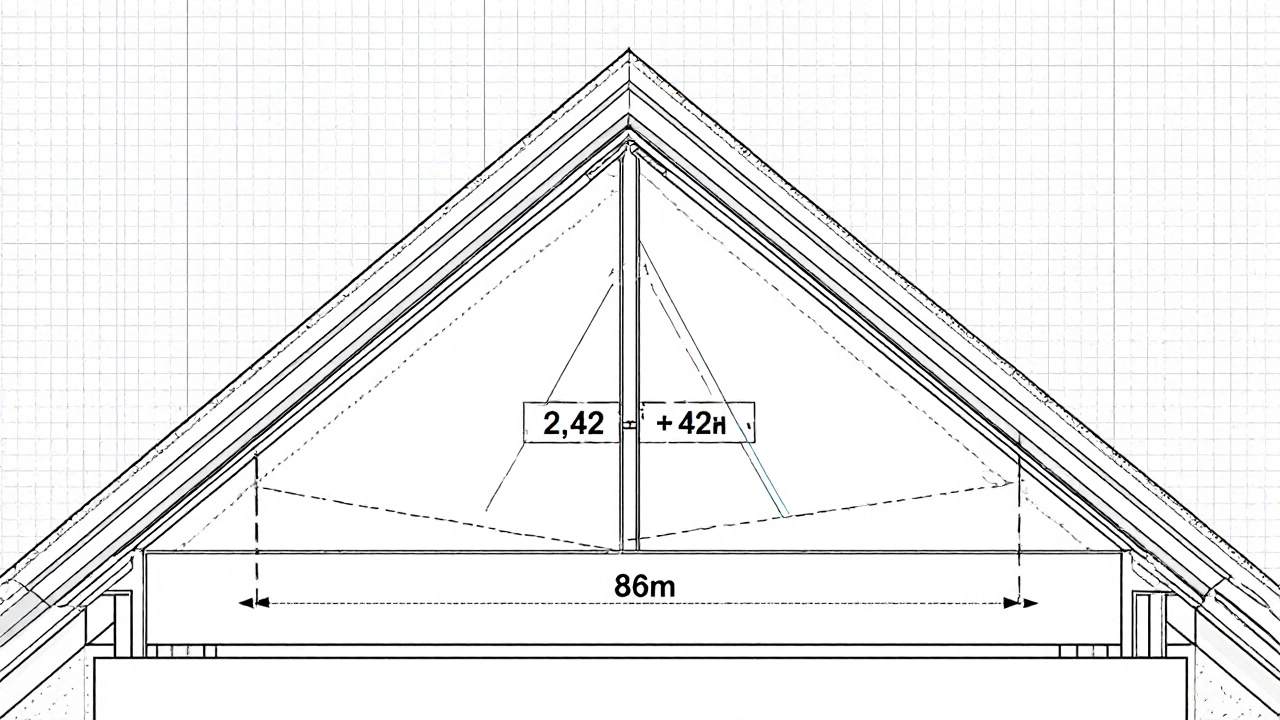 Технический чертеж двускатной крыши с обозначенными размерами и формулой Пифагора.