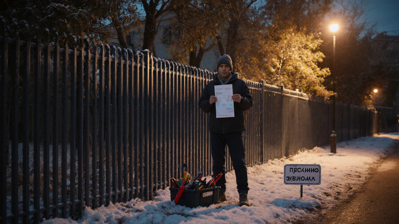 Владелец дома стоит у нового забора с чеком на 34 200 рублей, осенний закат, легкий иней на земле.