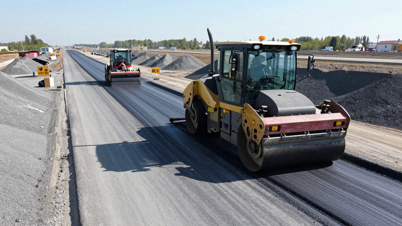 Асфальтоукладчик и каток укладывают и уплотняют асфальт на новой дороге в Казани.