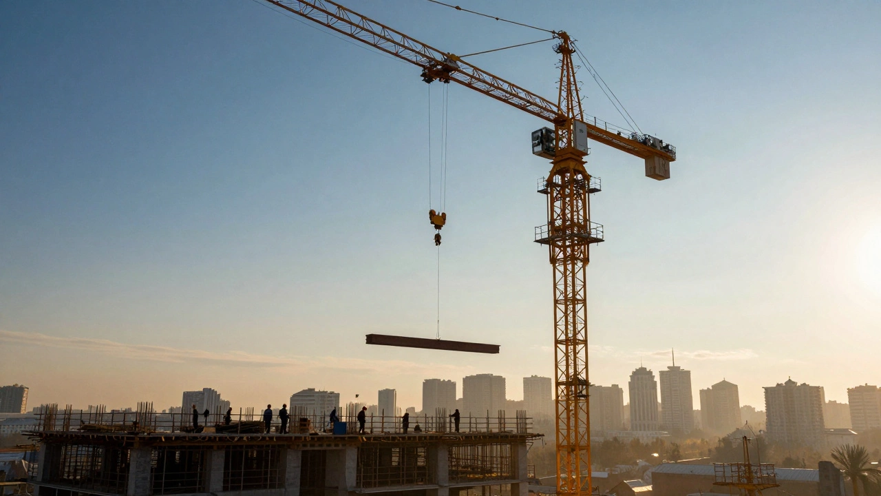 Башенный кран поднимает стальные балки на стройке высотного здания в Казани.