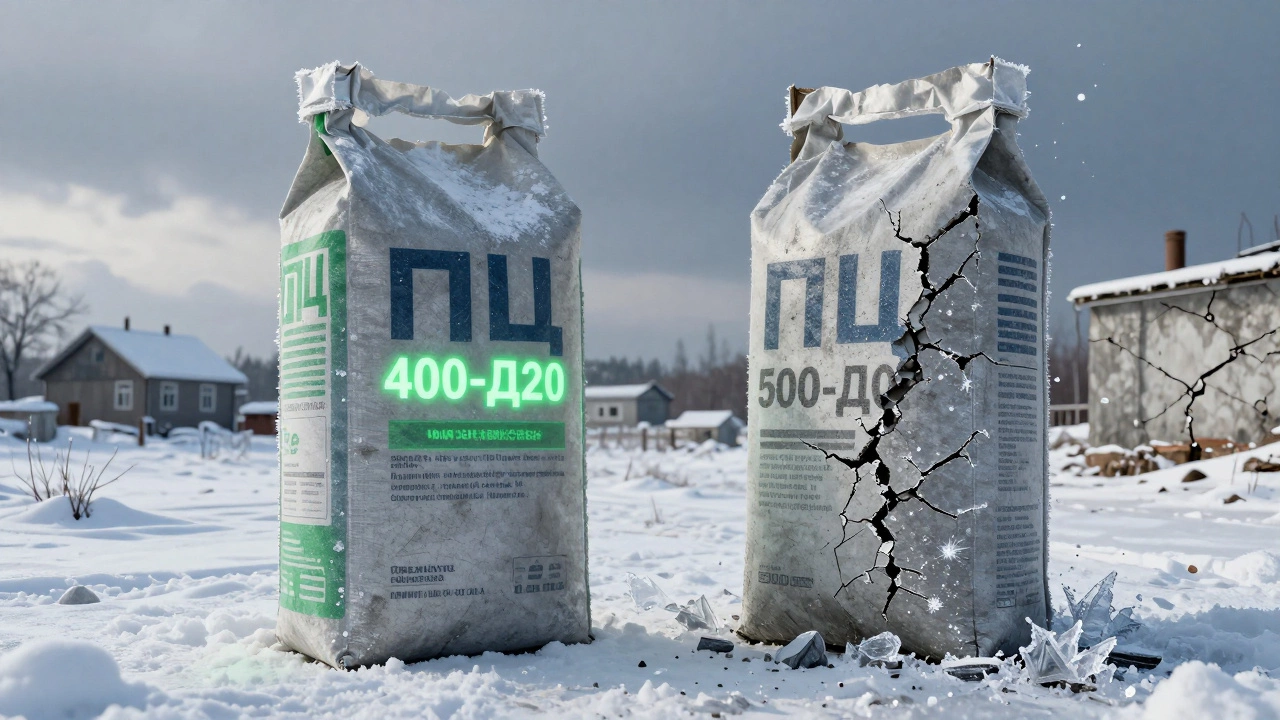 Два мешка цемента: М400-Д20 с зеленым светом прочности и М500-Д0, разрушающийся под льдом, на фоне зимнего дома.