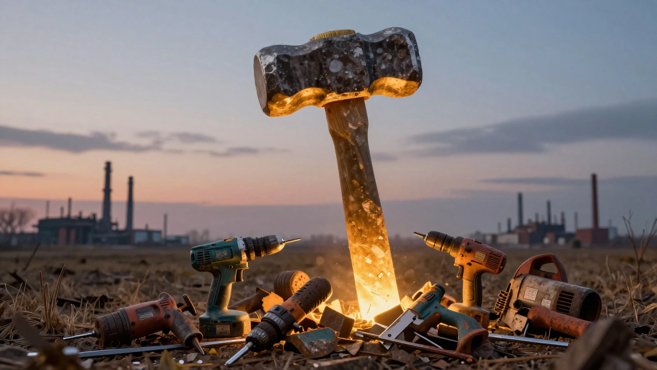 Гигантский каменный молоток стоит над сломанными современными инструментами