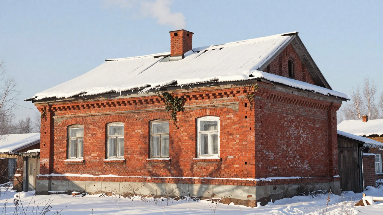 Кирпичный дом в Татарстане с толстыми стенами и дымом из трубы на фоне зимнего пейзажа.