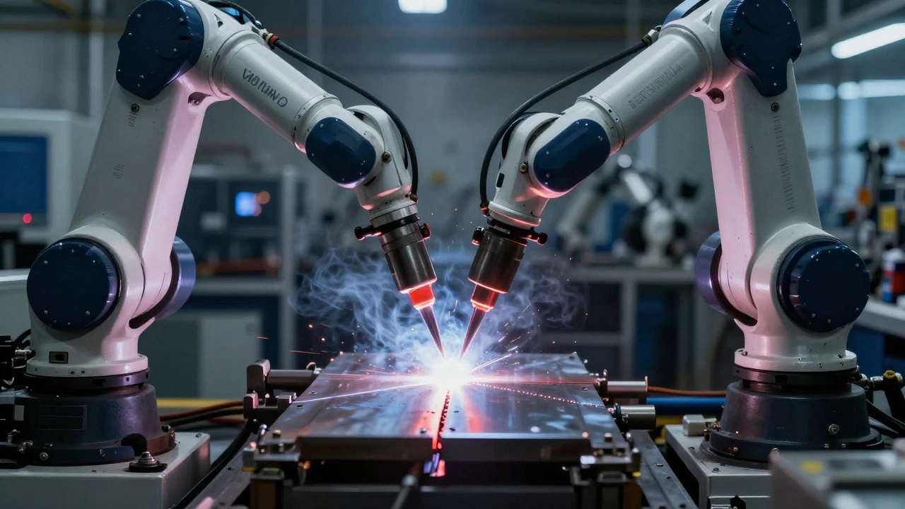 Лазерная сварка в промышленном цеху: узкий луч соединяет стальные пластины, пар поднимается от шва.