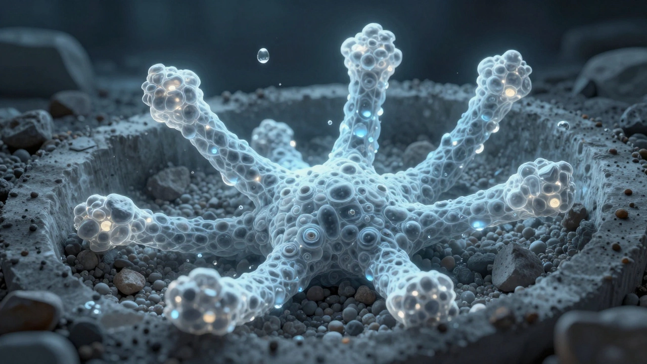 Микроскопическое изображение кристаллов внутри бетона, растущих между песком и щебнем.