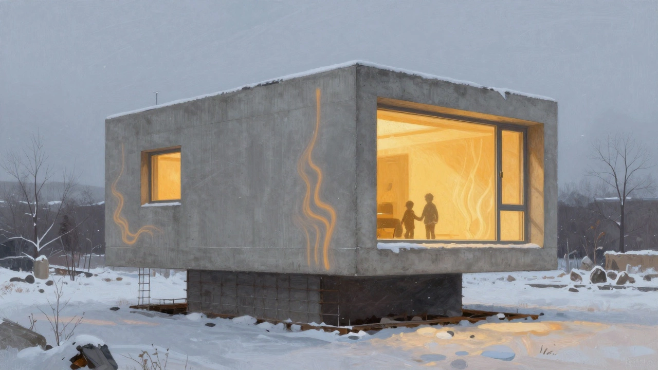 Монолитный дом из бетона с теплым светом в окнах, окруженный снежным ветром, символизирующий тепло и прочность.