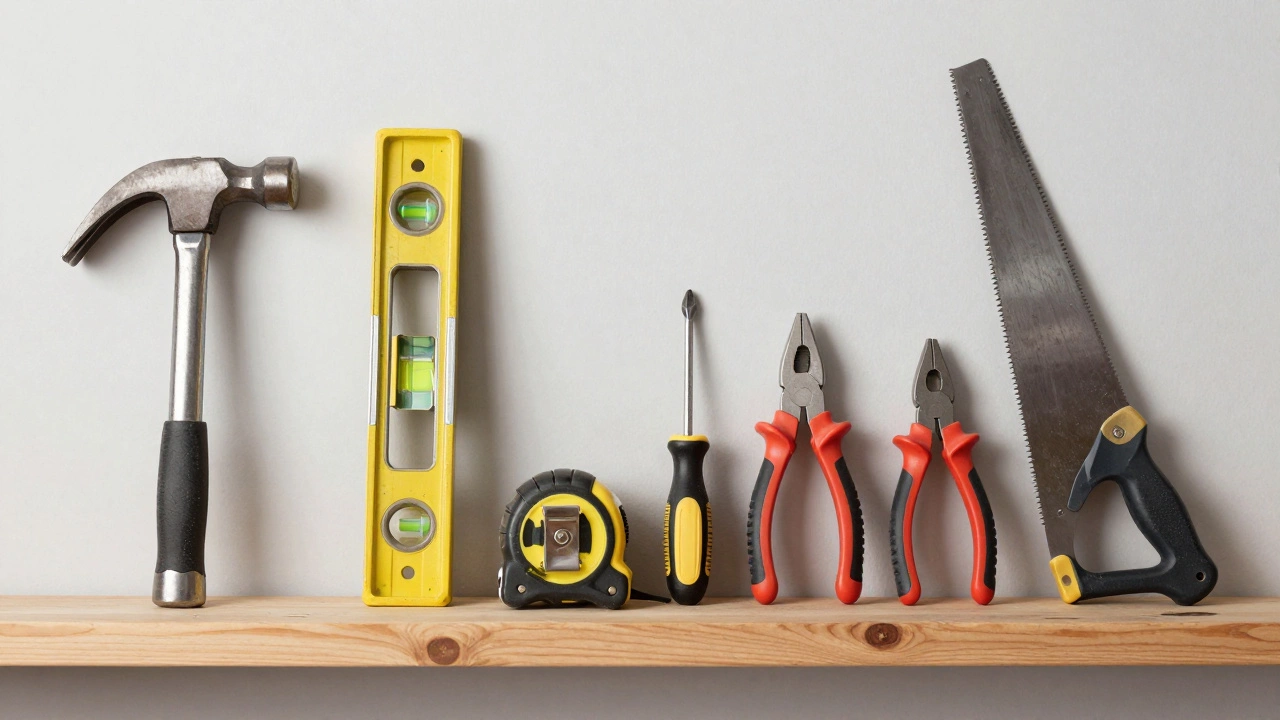 Набор ручных строительных инструментов на деревянной полке: молоток, уровень, рулетка, отвёртки.