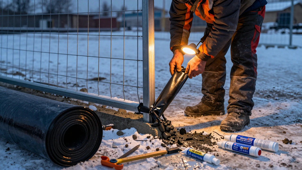 Рабочий оборачивает нижнюю часть трубы битумной лентой перед бетонированием столба забора в Казани.