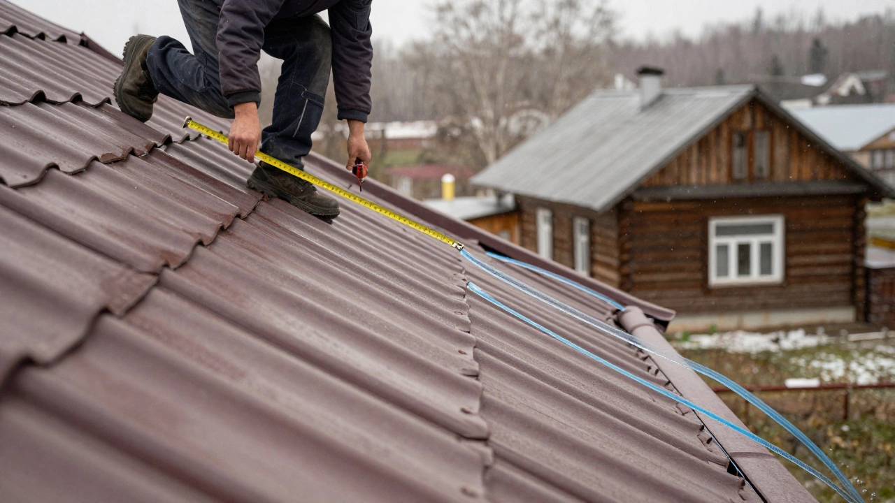 Рабочий укладывает металлочерепицу на крышу площадью 152 м² с четырьмя водостоками.