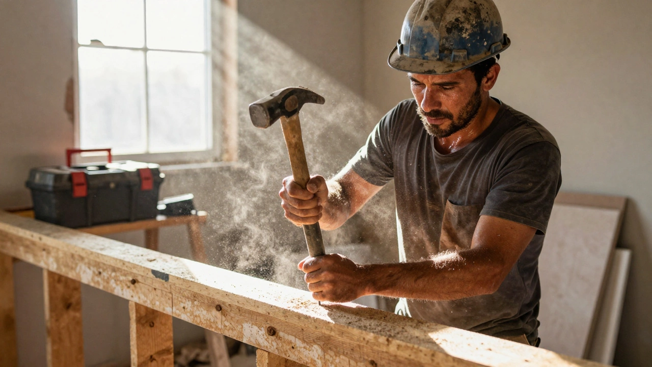 Рабочий забивает гвоздь молотком во время ремонта старого дома