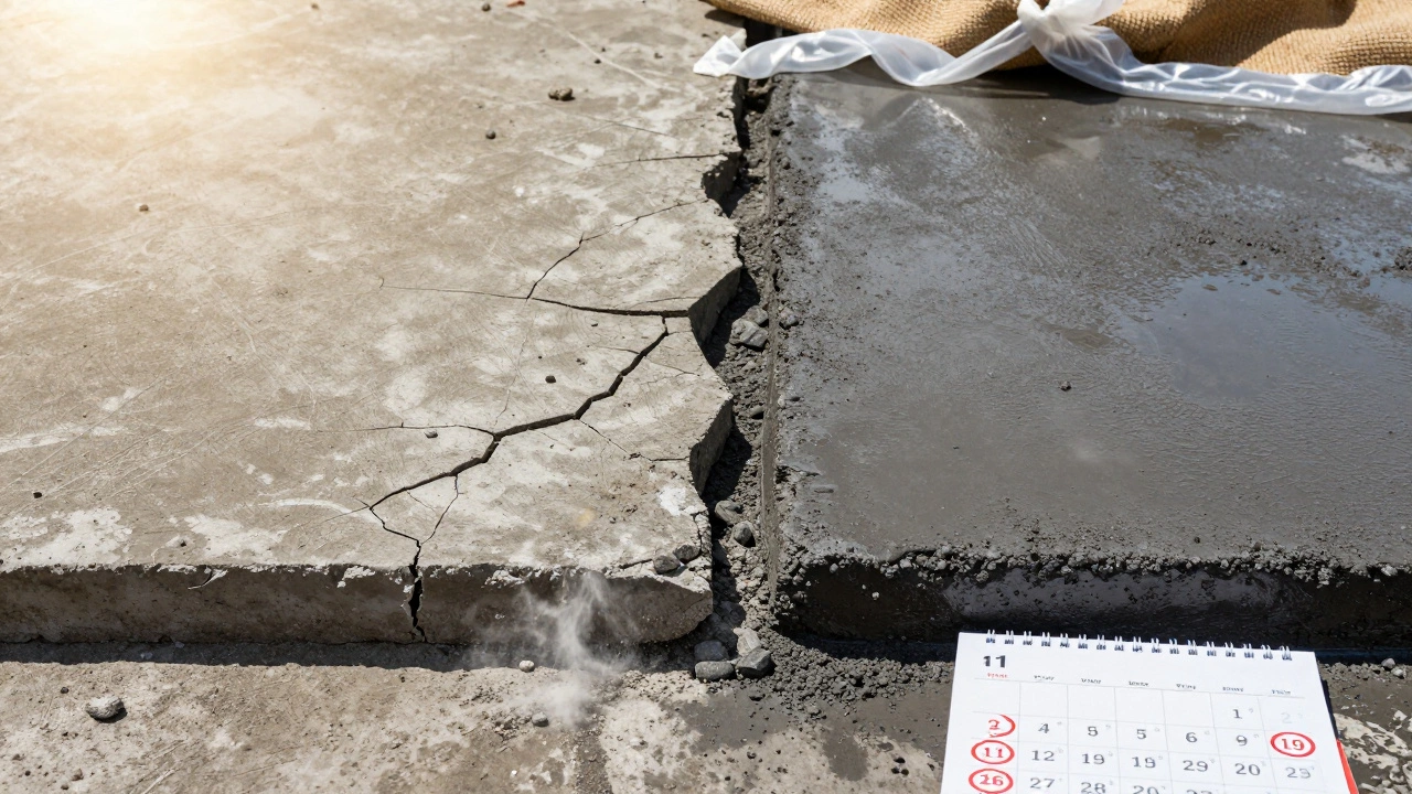 Разница между треснувшим и правильно ухоженным бетоном под солнцем.