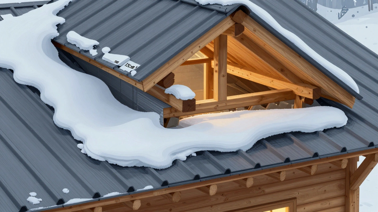 Разрез кровли с показом стропил, гидроизоляции, вентиляционного зазора и снежной нагрузки.