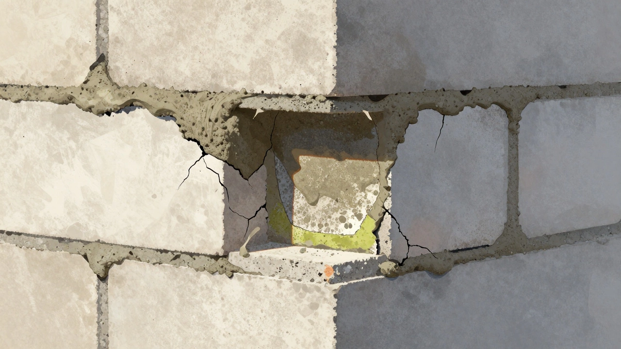 Разрез стены из газобетона с толстым эластичным швом из М400-Д20, рядом — треснувший шов из М500.