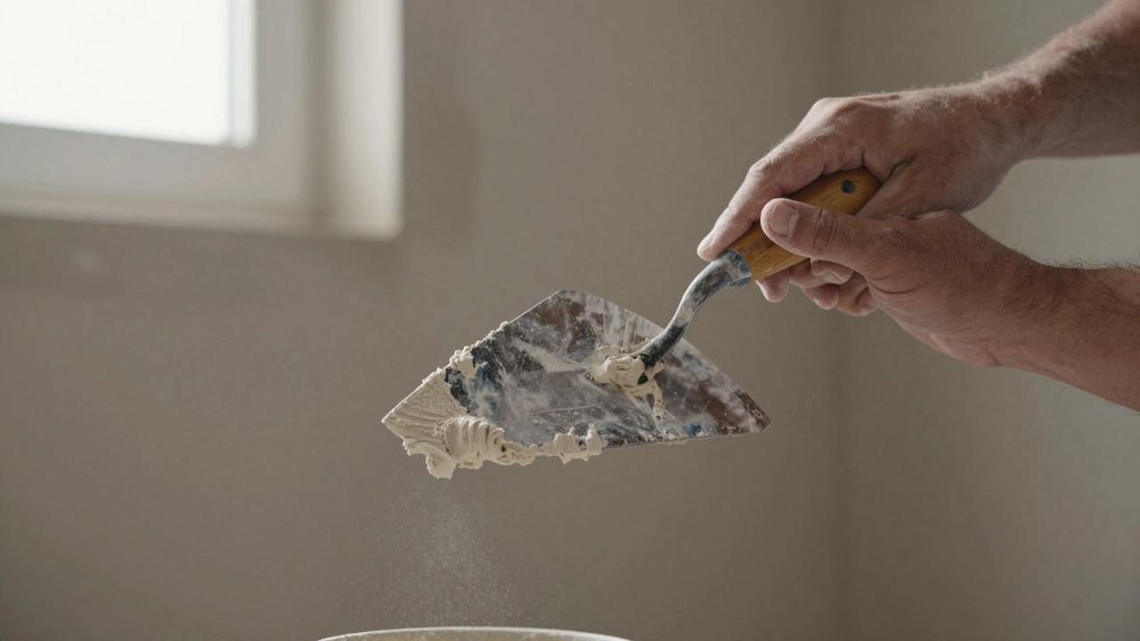 Руки мастера наносят штукатурку стальным шпателем на кирпичную стену.