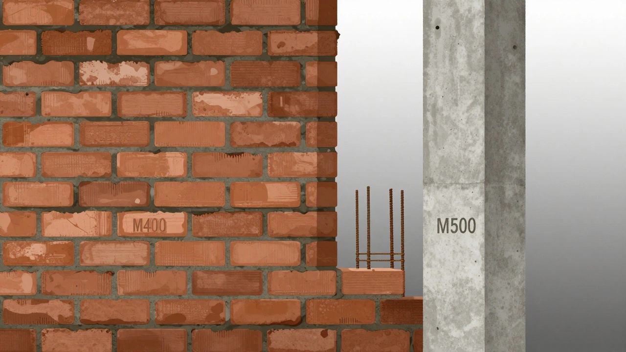 Сравнение кладки кирпича с М400 и заливки бетонной опоры с М500 в раздельных сценах.