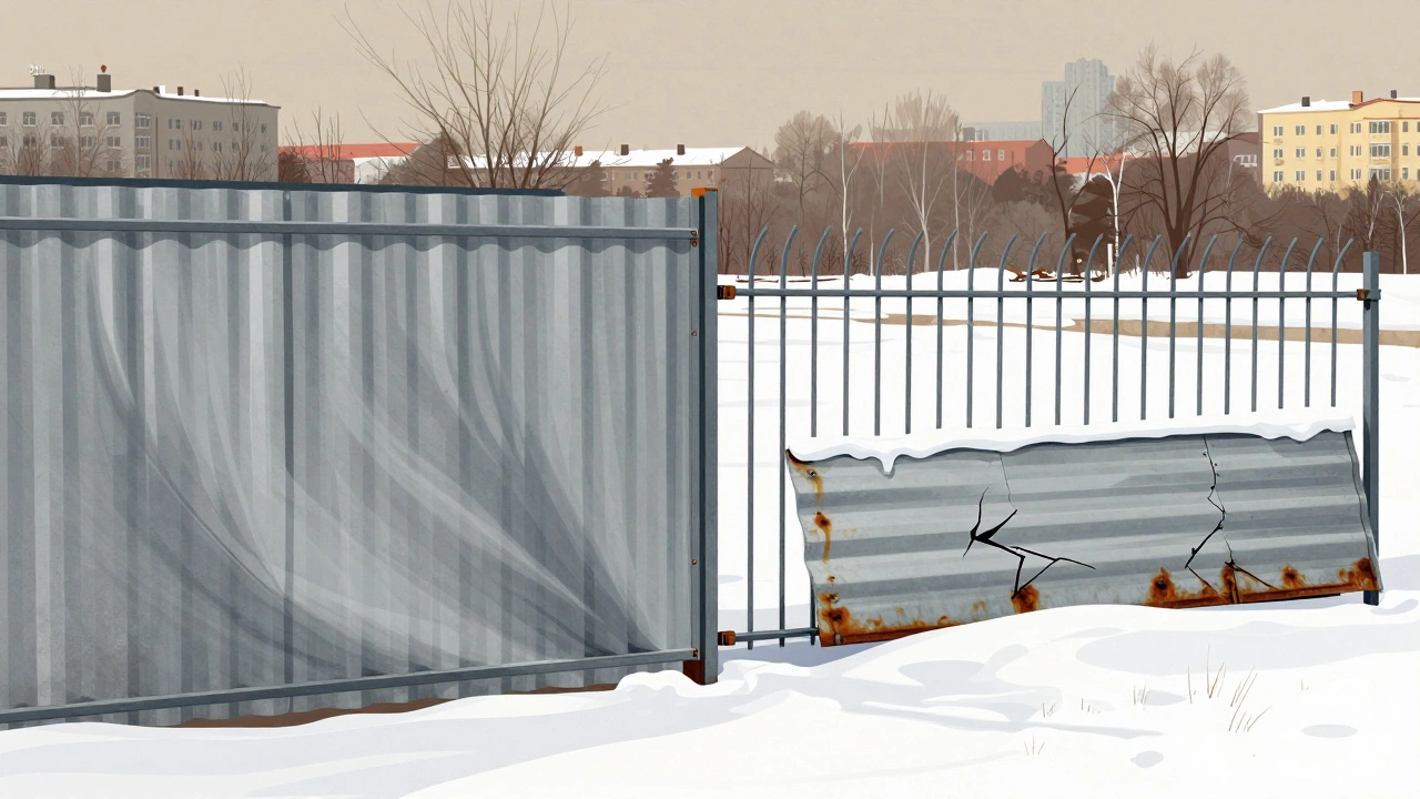 Сравнение: прочная квадратная труба против гнущейся круглой под снегом и ветром в зимнем Казани.