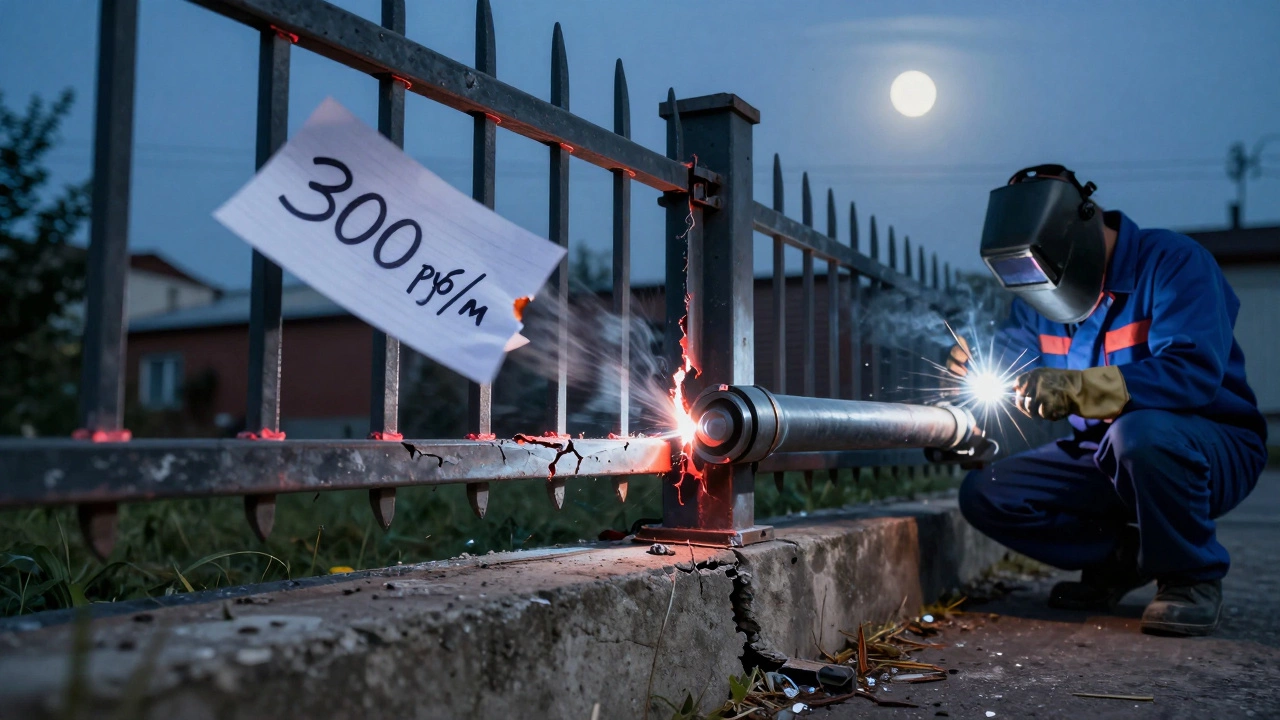 Трещина в сварном шве на заборе, рядом листок с ценой 300 рублей, а вдали — идеальный шов профессионала.